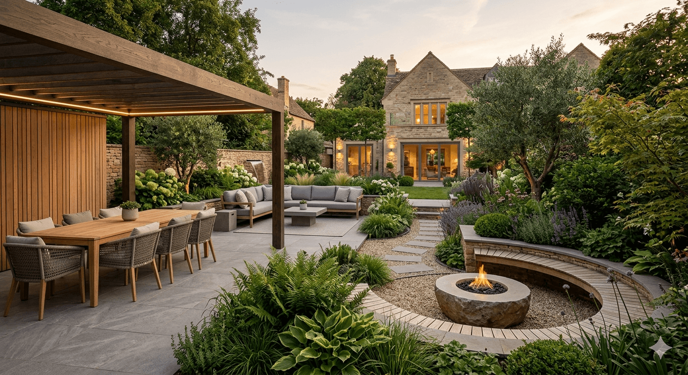 Modern outdoor living concept with patio, planting and seating
